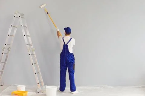 Worker painter paints a wall.Back view. Professional builder makes repairs. Stock Photos
