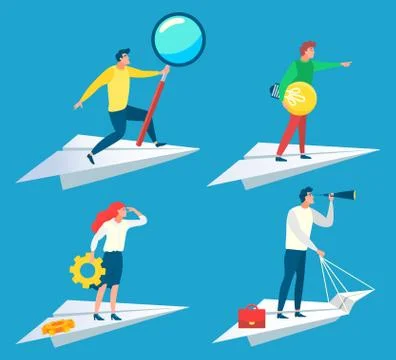 Worker on Paper Plane, Develop and Research Vector Stock Illustration
