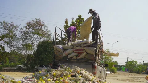 Worker people working on stack of different types of large garbage dump, plas Video stock 168279630