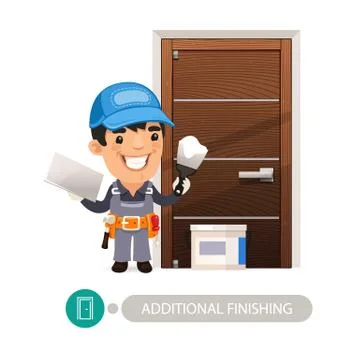 Worker Performs Finishing Doorway Work Stock Illustration