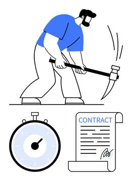 Worker with Pickaxe, Clock, and Signed Contract Symbolizing Hard Work, Time.. Stock Illustration