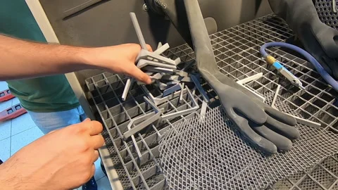 Worker picks up 3D printed metal models after cleaning in shot blasting machine Stock Footage 231117865