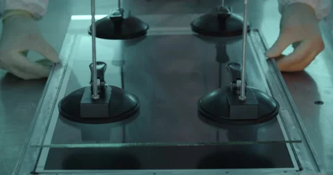 Worker places monitor's screen under hanging glass in laboratory Stock Footage 232788875