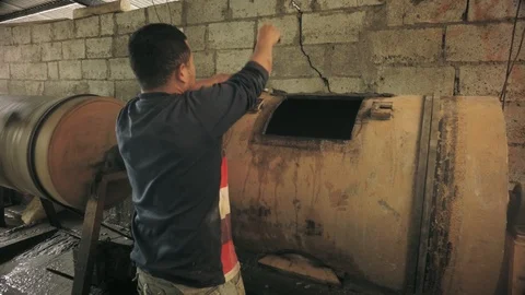 Worker Placing Fabric Stripes On A Drum Mill Stock Footage 94735591