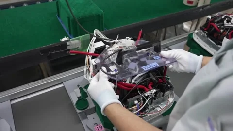 Worker placing protective inspection cover panel onto partially assembled rice Stock Footage 334965090