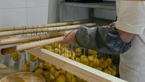 Worker Placing Rack with Balls of Cheese on String in Ripening Chamber Stock Footage 293513446