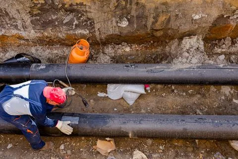 Worker is placing sheet of thermal insulation on new pipeline in trench Stock Photos