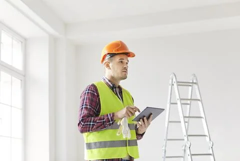 Worker Planning Renovation Using Tablet Pc And Blueprint At Home Stock Photos