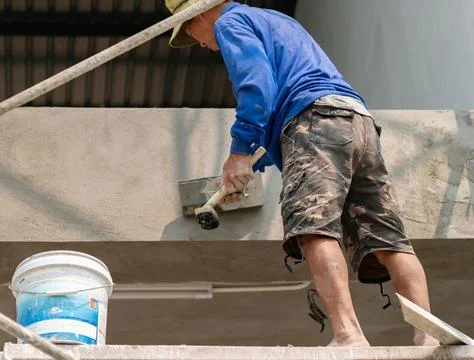 Worker plastering cement at wall for building house. Stock Photos