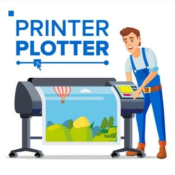 Worker With Plotter Vector. Man. Large Format Multifunction Printer. Polygraphy Stock Illustration