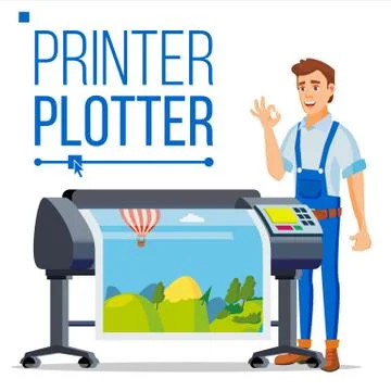 Worker With Plotter Vector. Man. Prints Beautiful Picture, Banner. Print Service Ilustración de archivo