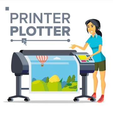 Worker With Plotter Vector. Woman. Full Color Latex, Laser Printer. Printshop Stock Illustration