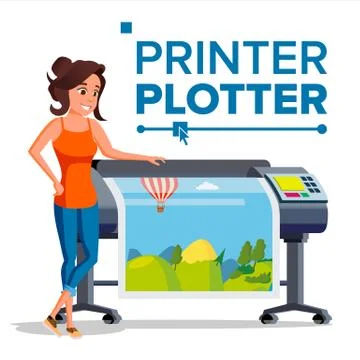 Worker With Plotter Vector. Woman. Prints Beautiful Picture, Banner. Print Ilustración de archivo