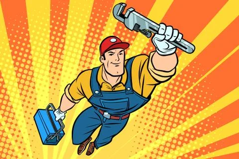 Worker plumber superhero flying Stock Illustration