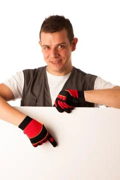 Worker points to blank board Foto stock