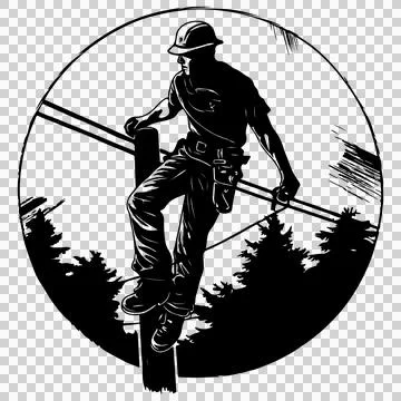 Worker On Pole Circular Silhouette climbing utility wires Иллюстрация