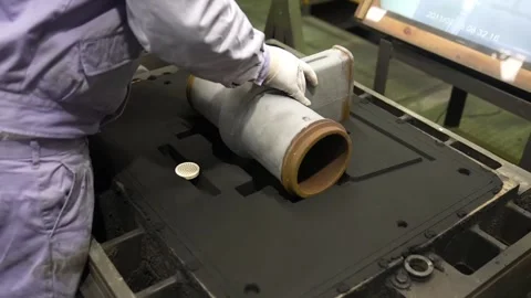 Worker positioning ceramic pipe mold core onto sand casting flask on automated Stock Footage 336681676