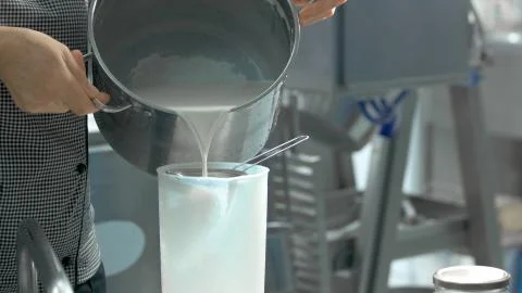 Worker pouring milk into container. Stock Photos