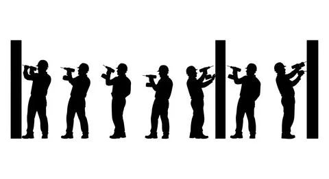 Worker with Power Drill Silhouette Set Stock Illustration