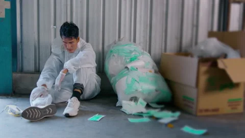 Worker in PPE exhausted and tried in Waste recycling plants during covid-19 a Vidéo 158175154