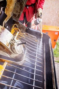 The worker prepares the concrete pump for work Stock Photos