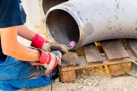 The worker prepares the edge of the weld joint for subsequent welding of the Stock Photos