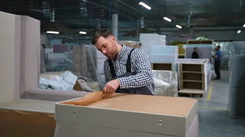 Worker Prepares Fabric for Sofa Base Upholstery Stock Footage 305612514