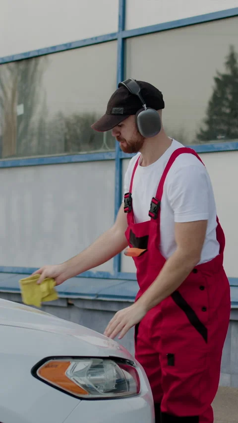 Worker of a prestigious car service, dances with headphones in his ears. A young Video stock 276347948