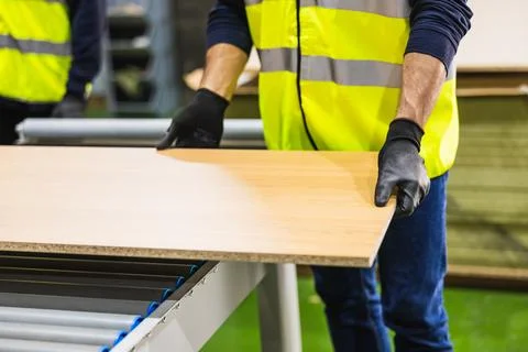 Worker processing wood board on conveyor in factory Stock Photos