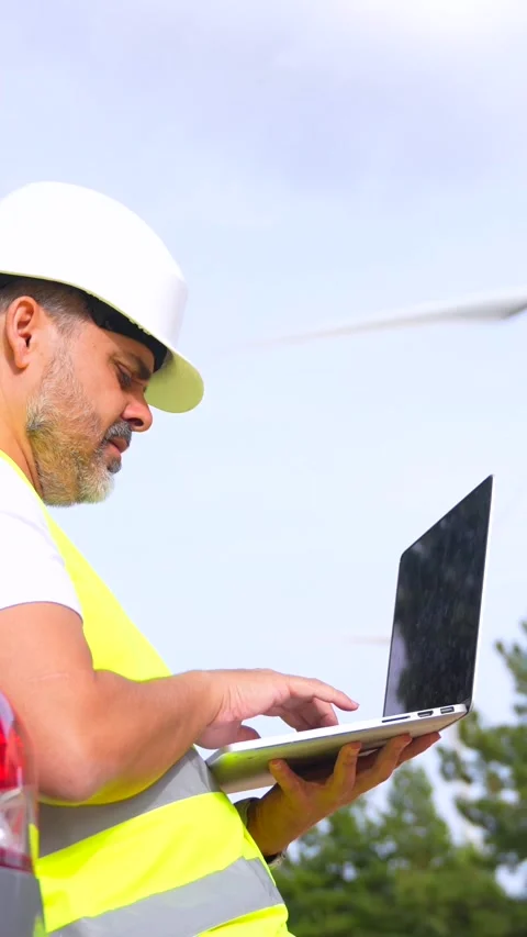 Worker with protective clothes using laptop in wind energy park Stock Footage 274334998