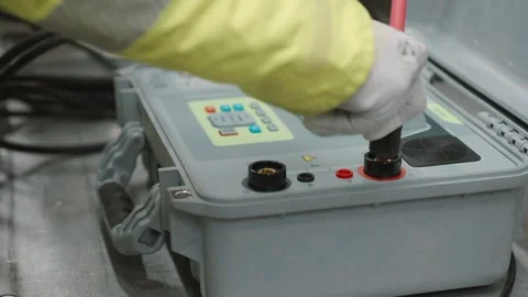 Worker in Protective Gear Adjusts Industrial Testing Equipment Stock Footage 316595067