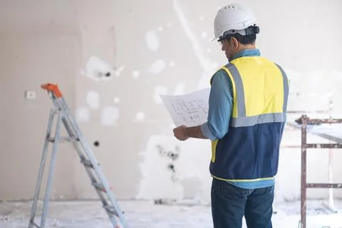 Worker in protective hardhat reading project drawing stands near construction Stock Photos
