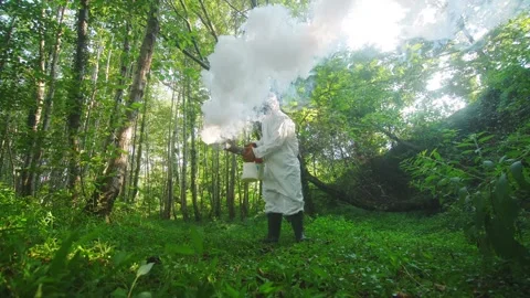 Worker in protective overalls in the forest uses a mosquito fumigator to destroy Stock Footage 249534161