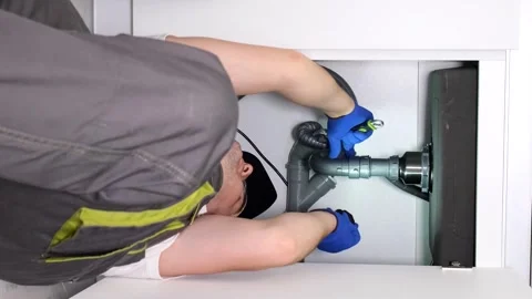 A worker in protective work clothes is doing plumbing work, replacing an old Stock Footage 250027730