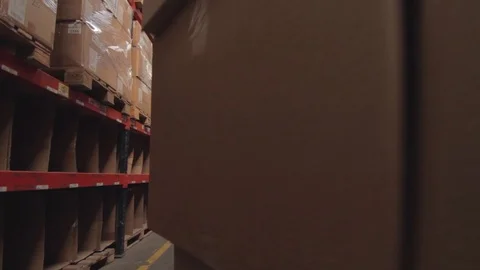 Worker pulling a trolley loaded with cardboard boxes in a warehous2 Vídeos de archivo 75166691