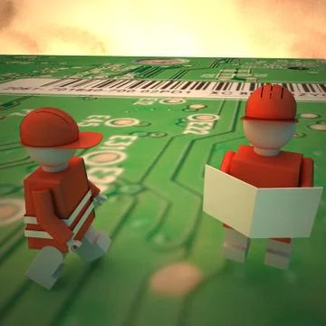 Worker puppets on a computer motherboard 스톡 일러스트