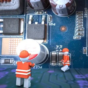 Worker puppets on a computer motherboard Illustrazione stock