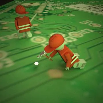 Worker puppets on a computer motherboard 스톡 일러스트