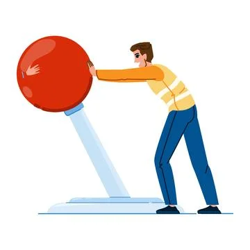 Worker pushing big red button activating emergency system Illustrazione stock