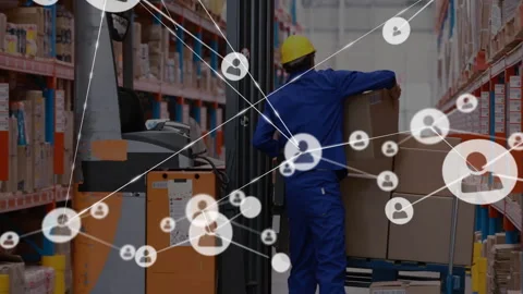 Worker pushing hand truck down aisle, organizing stock as data overlay mapping Stock Footage 310317888