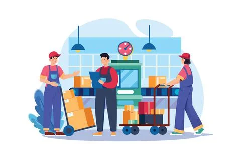 Worker pushing package cart Illustration concept on white background Stock Illustration