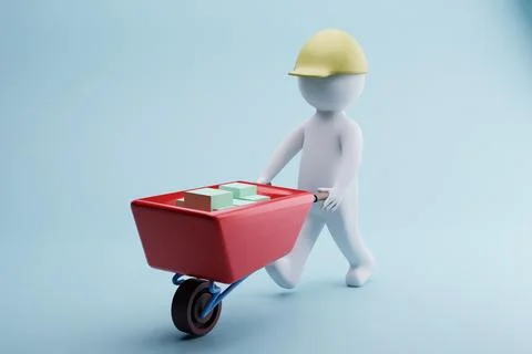 Worker pushing wheelbarrow, construction, studio, blocks, 3D render Stock Illustration