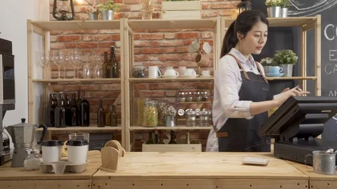 Worker put croissant and beverage on tray Video stock 113589338