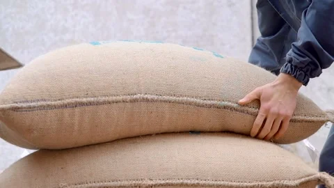 A worker puts bags of coffee beans one on top of the other Stock Footage 220057554