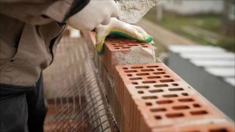 Worker puts a brick wall. Bricklayer working in construction site of a brick  Stock Photos
