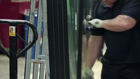 Worker puts the glazed windows to transport. Production of packet windows Video stock 199486726