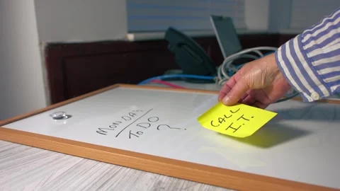 Worker puts reminder note to call network technician with messy cables Stock Footage 338023731