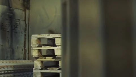 Worker puts wooden palett on stack, other man srarts painting it Video stock 78365278