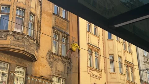 A worker rappelling down an aged ornate building exterior, performing window Stock Footage 333699861