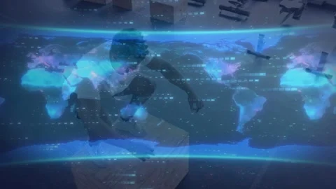 Worker reaching into box, kneeling, sorting parcels for shipping under blue map Stock Footage 333526434